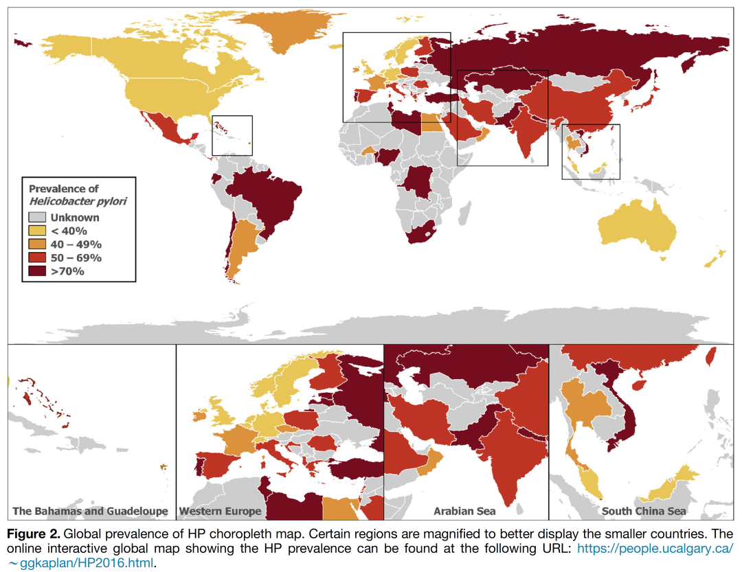 HP地图--全球幽门螺杆菌感染分布概览