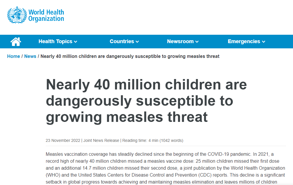 历史新高！WHO报道近4000万儿童错过麻疹疫苗